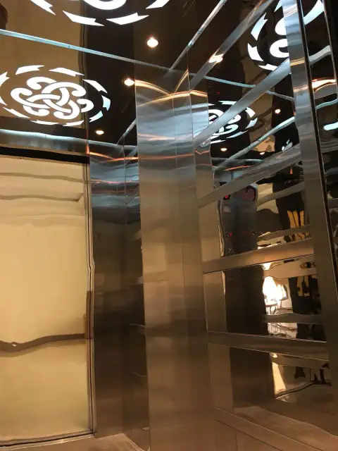Cabin with rose-motif ceiling cut-out and mirrored steel walls