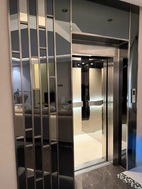 Entrance with mirrored steel strips opening onto a living area