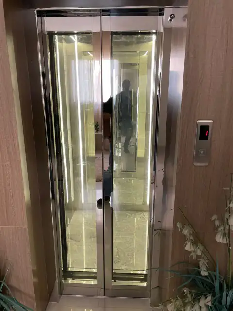 Glass doors with LED strips, wood surround and call button