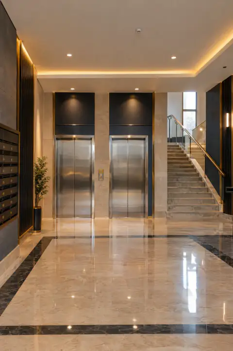 مصعدان في مدخل عمارة سكنية (صورة توضيحية)