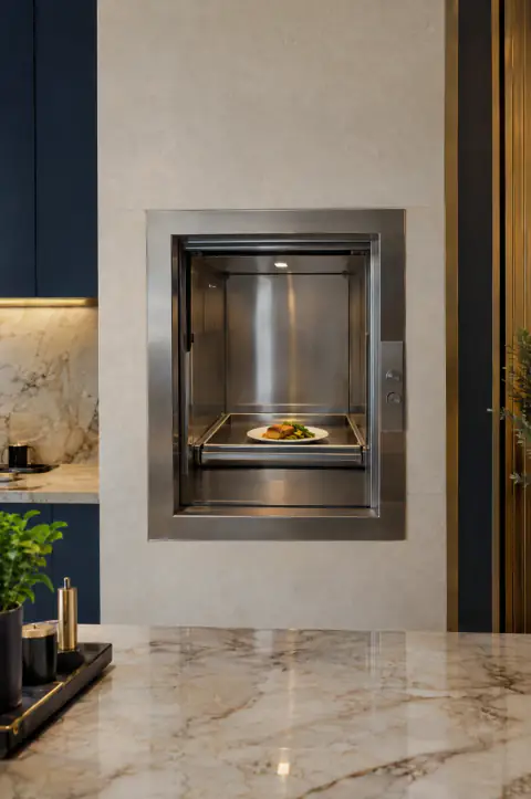 Illustration: small dumbwaiter hatch in a kitchen wall