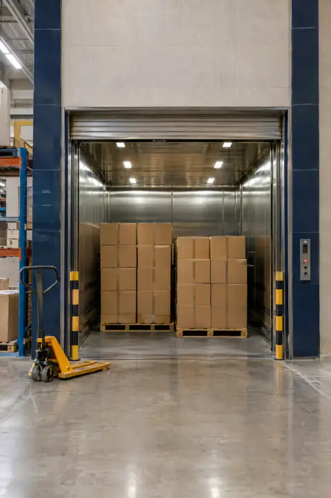Illustration: goods lift loaded with pallets in a warehouse