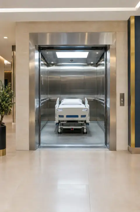 مصعد أسرّة مستشفى واسع وسرير داخل الكابينة (صورة توضيحية)