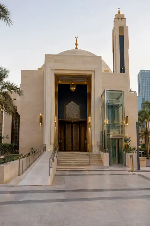 Illustration: mosque entrance with a ramp and glass lift