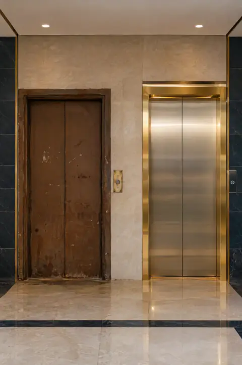 Illustration: old worn lift beside a new one